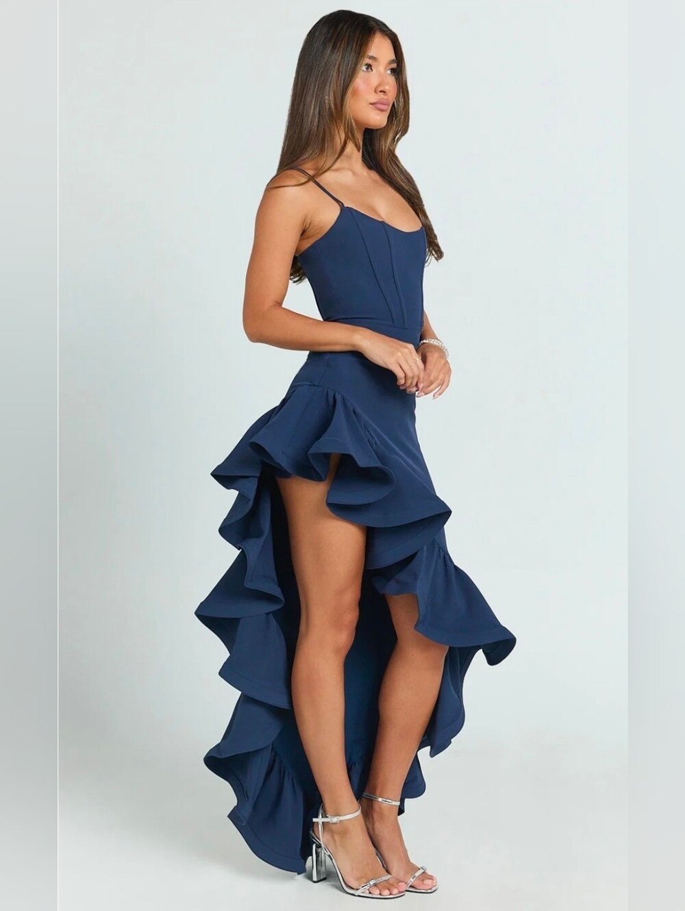 Showpo Navy Blue High-Low Ruffle Dress - Picture 3 of 11